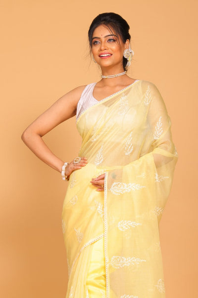 Morchari Cotton Supernet Embroiedery Saree - Yellow - Distacart