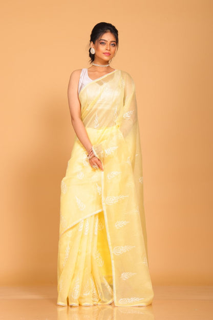 Morchari Cotton Supernet Embroiedery Saree - Yellow - Distacart