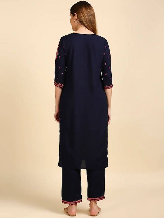 Anubhutee Navy Blue & Pink Embroidered Kurta with Palazzos - Distacart