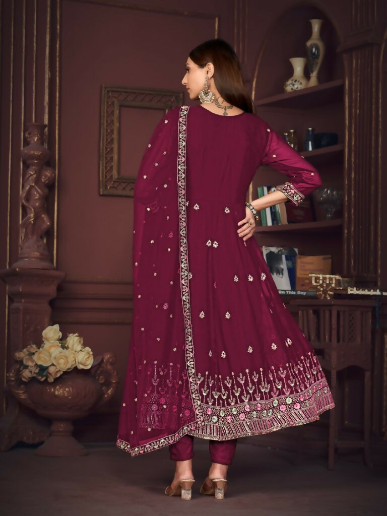Jyoti Fashion Women's Rani Pink Georgette Embroidered Anarkali Kurta Pant Set With Dupatta - Distacart