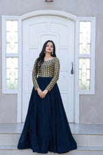 Thumbnail for Jyoti Fashion Women's Navy Blue Sequence Zari Embroidered Faux Blooming Anarkali Dress - Distacart