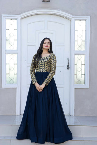 Jyoti Fashion Women's Navy Blue Sequence Zari Embroidered Faux Blooming Anarkali Dress - Distacart
