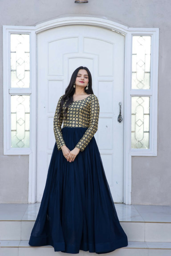 Jyoti Fashion Women's Navy Blue Sequence Zari Embroidered Faux Blooming Anarkali Dress - Distacart