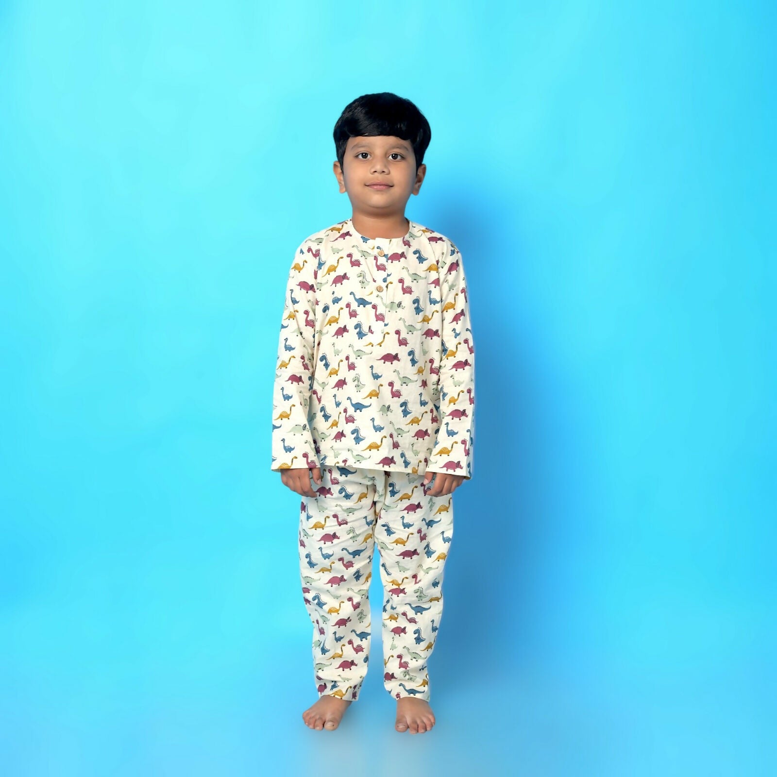 Breathables Kids Cotton Dinosaur Print Night Suit – Cream Full Sleeves Kurta & Pants Co-Ord Set | Boys & Girls Nightwear & Loungewear - Dista