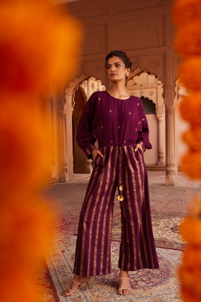 Ahalyaa Purple & Golden Printed Basic Jumpsuit - Distacart
