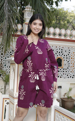 Miravan Women's Pure Cotton Wine Floral Printed Long Sleeves Waist Tie-Up Playsuit - Distacart