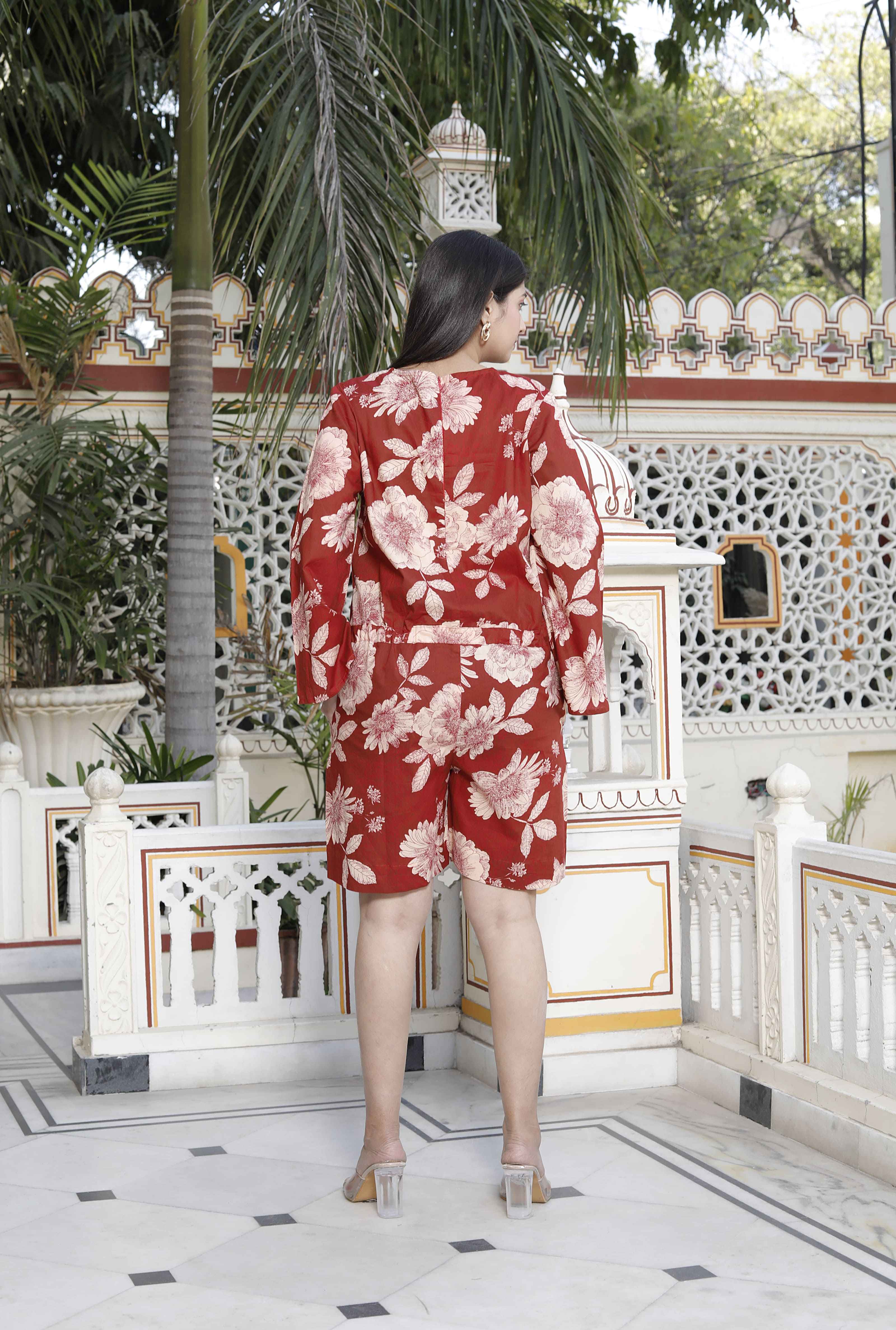 Miravan Women's Pure Cotton Red Floral Printed Long Sleeves Jumpsuit - Distacart