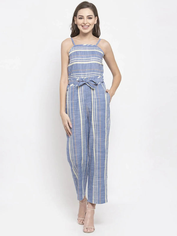 Jompers Women's Blue & Off-White Striped Basic Jumpsuit - Distacart