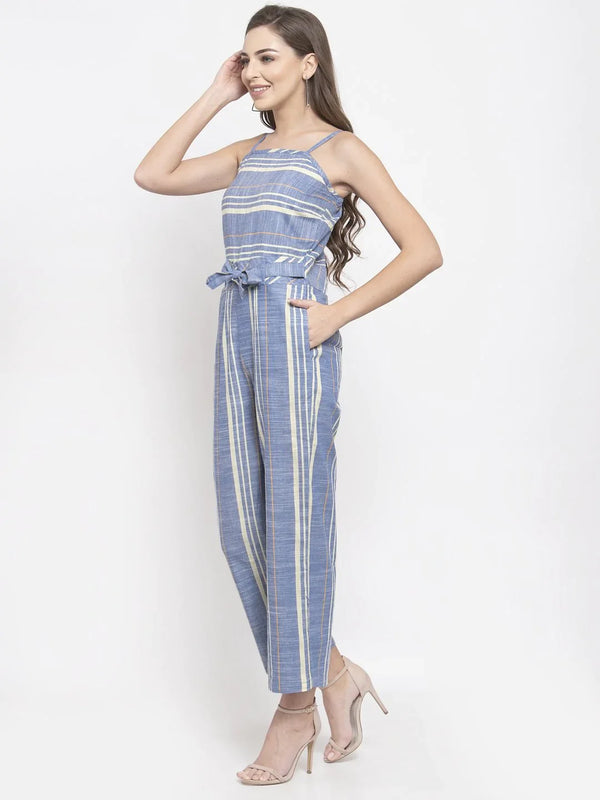 Jompers Women's Blue & Off-White Striped Basic Jumpsuit - Distacart