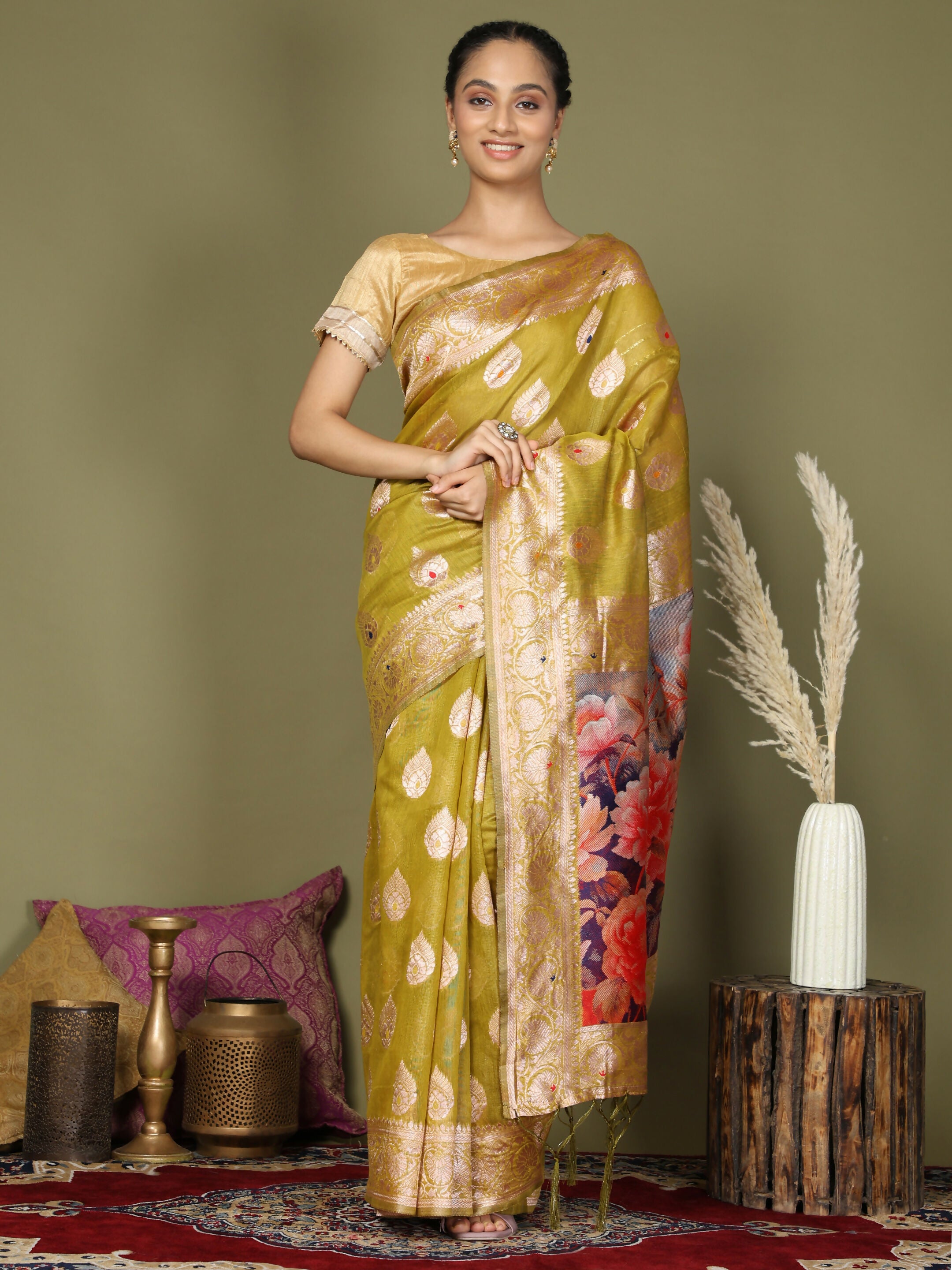 Astita Linen Cotton Mhendi Green Saree