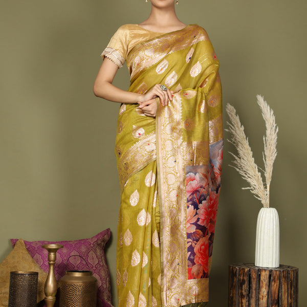 Astita Linen Cotton Mhendi Green Saree
