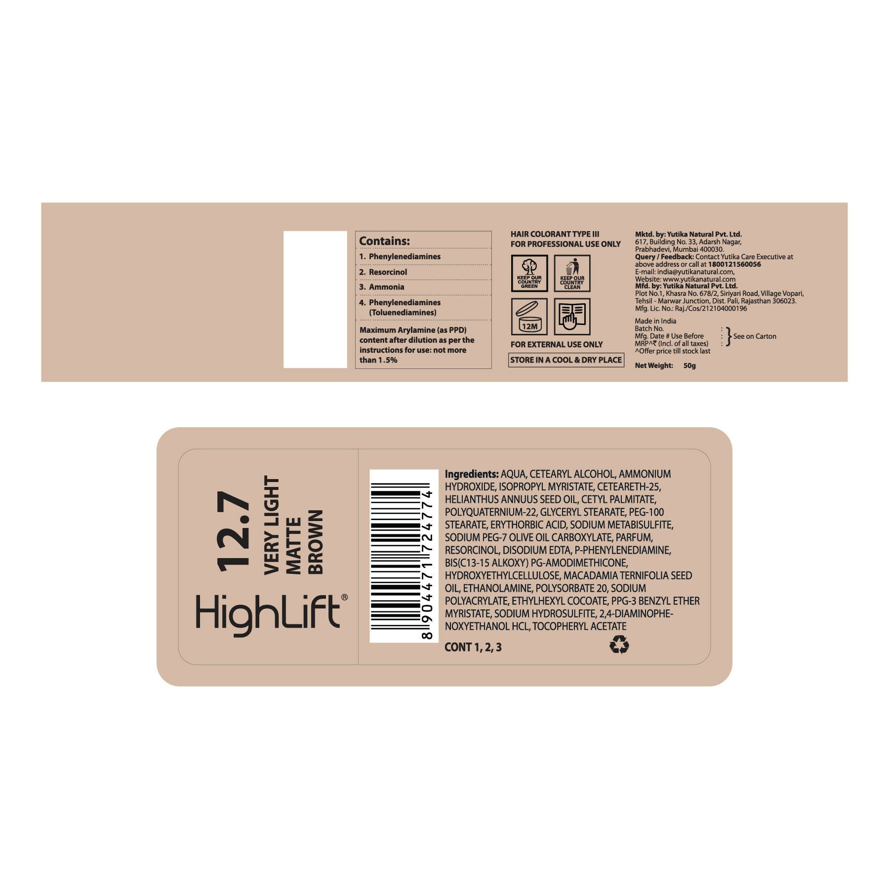 Yuthika Professional High lift Creme Hair Colour 12.7 Very Light Matte Brown - Distacart