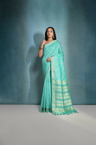 Vishnu Weaves Women's Sea-Green Raw Silk Zari Woven Saree with Blouse - Distacart