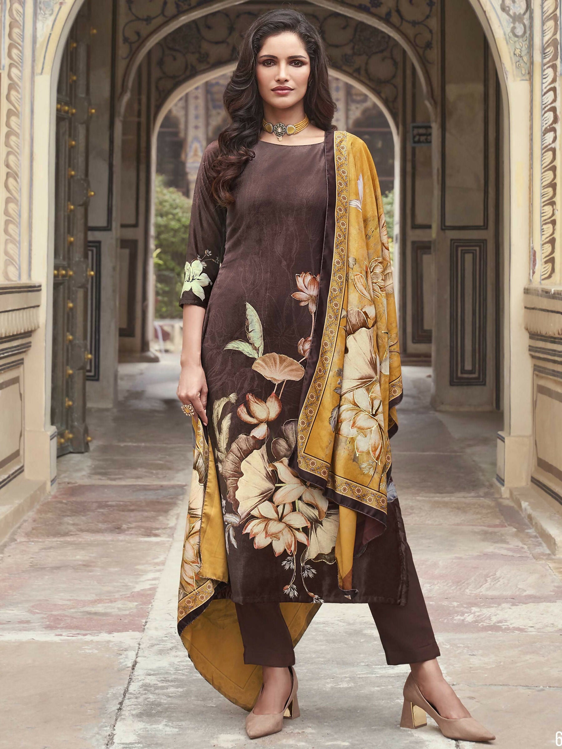 Jyoti Fashion Women's Brown Velvet Floral Digital Printed Kurta with Trouser & Dupatta - Distacart