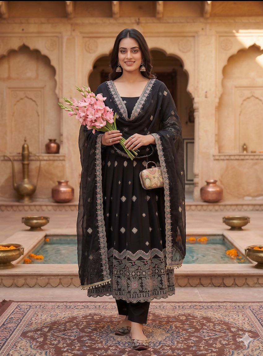 Teeya Creation Premium Black Ethnic Kurti With Sharara And Embellished Dupatta Set - Dista