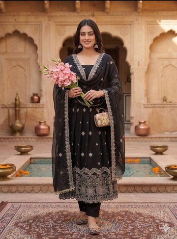 Teeya Creation Premium Black Ethnic Kurti With Sharara And Embellished Dupatta Set - Dista