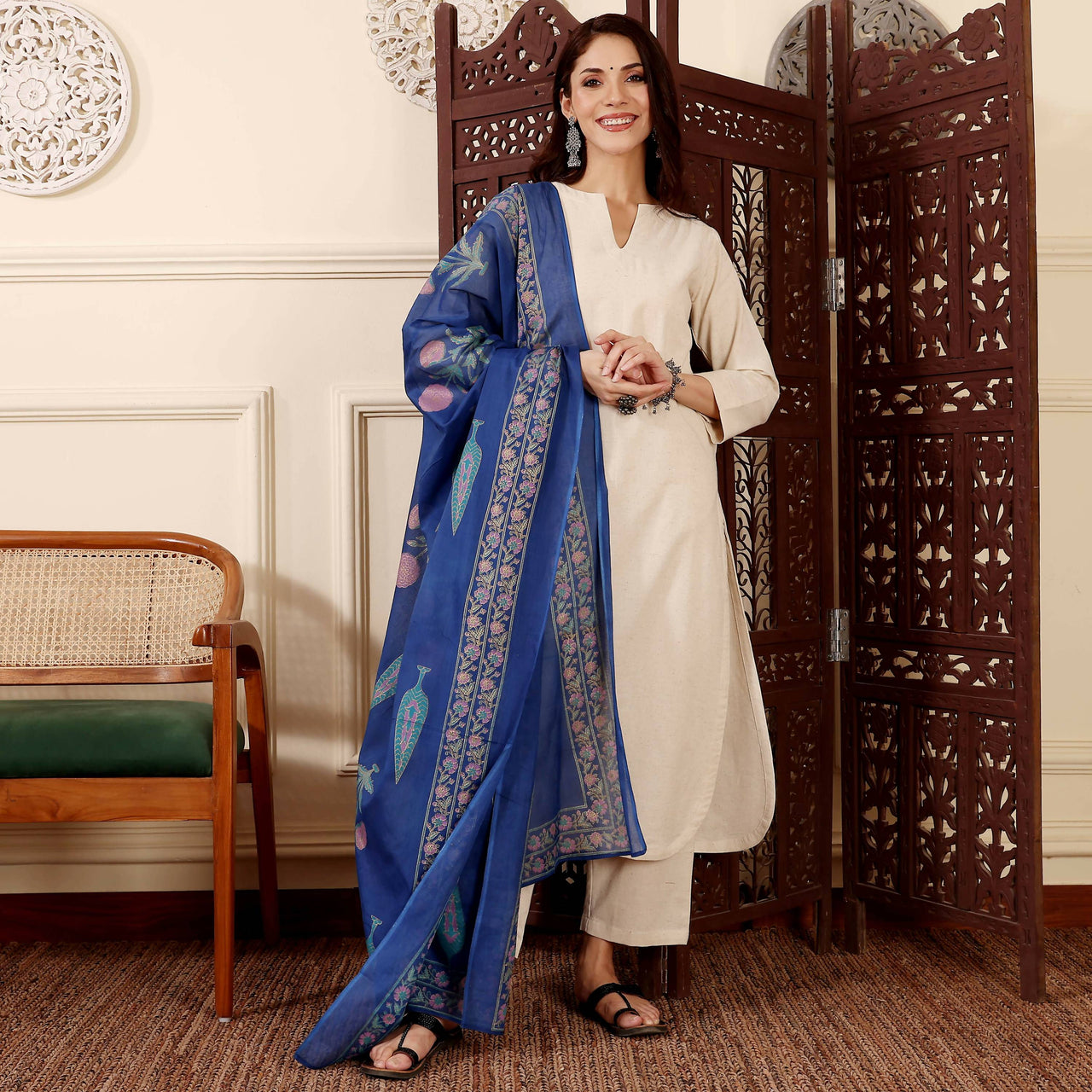 The52 Women's Gorgeous Solid Chanderi Silk Fabric Straight Kurta Pant and Dupatta Set-Off White - Dista