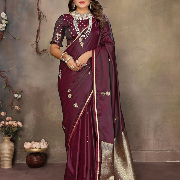 Joban Fashion Maroon Floral & Botanical Motifs Satin Silk Banarasi Silk Saree - Distacart