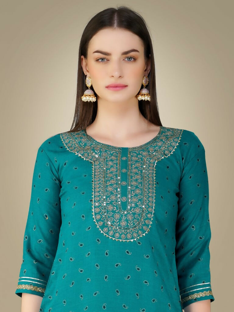 Jyoti Fashion Women's Rama Cotton Magic Slub Embroidery & Sequence work Kurta with Trouser & Dupatta - Distacart