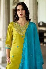 Thumbnail for The52 Lemon Beautiful Embroidered Viscose Chanderi Fabric Straight Kurta Pant with Dupatta Set - Distacart