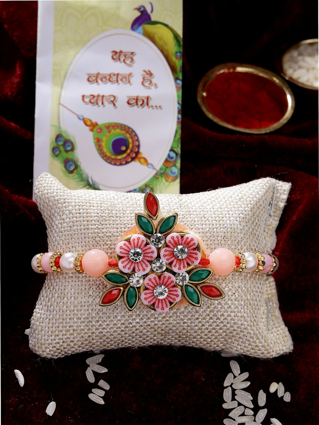 NVR Men Pink Floral Shape Stone-Studdded & Beaded Rakhi With Roli Chawal & Chocolate - Distacart