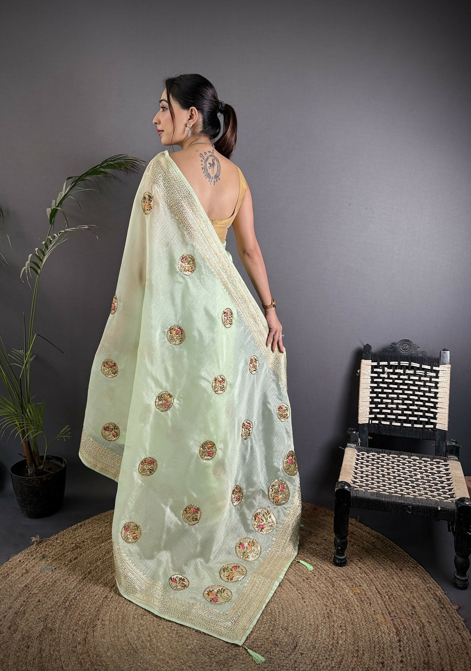 Joban Fashion Light Green Handloom Banarasi Organza Silk Khatali Butta Work Saree - Distacart