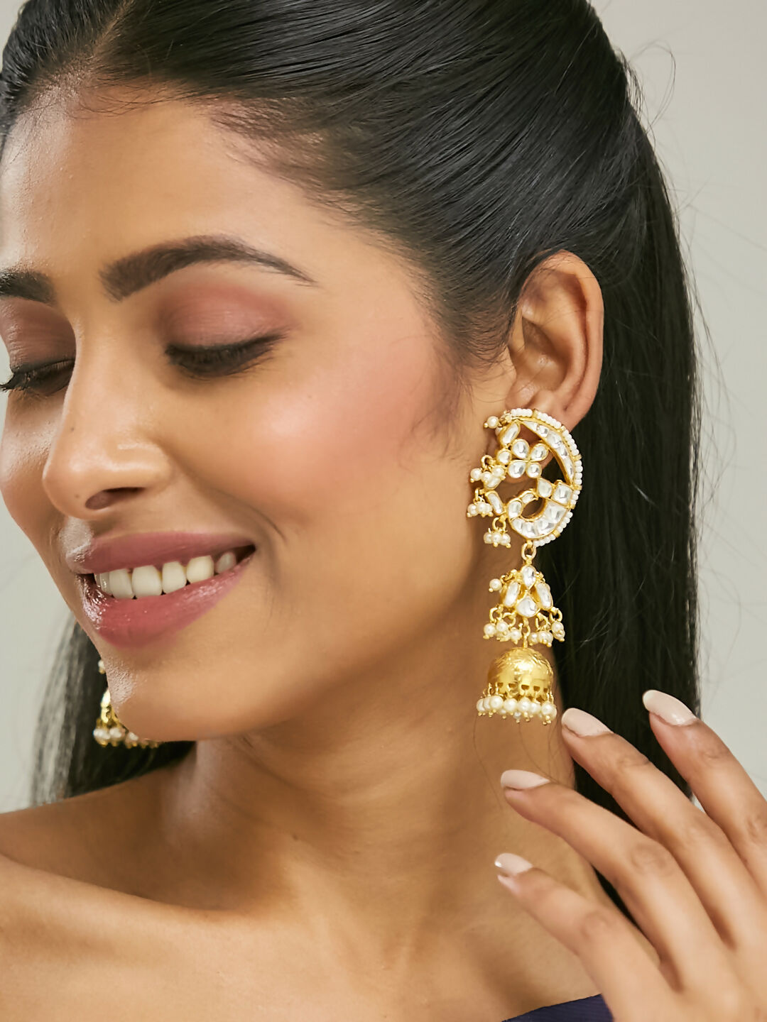 Nuyug 22K Gold-Plated Elegant Kundan Stone Studded & Pearl Drops Mini Jhumki Dangler Earrings