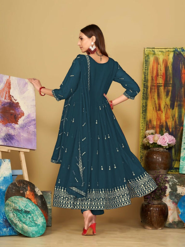 Jyoti Fashion Women's Rama Georgette Embroidered Anarkali Kurta Pant Set With Dupatta - Distacart