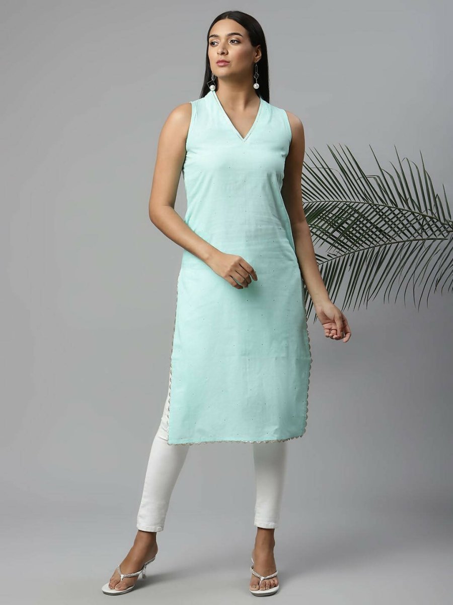 Ahalyaa Womens Summer Blue Pure Cotton Printed Kurtas - Distacart