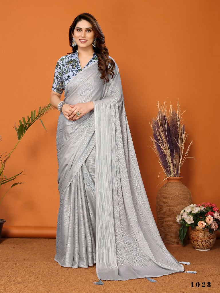 Partywear Designer Grey Polyester Zari Fancy Saree - Starwalk - Distacart