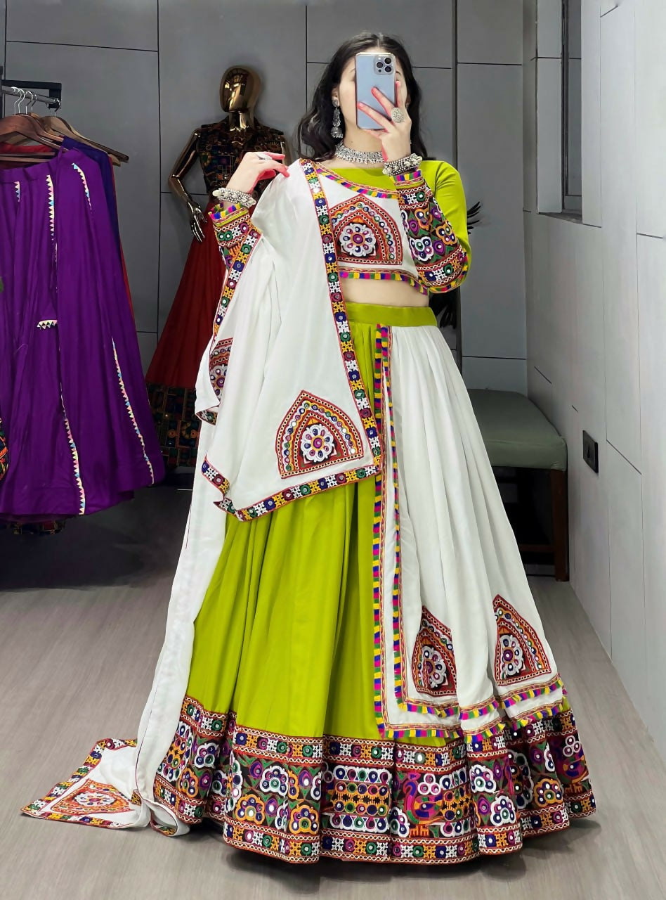 Yash Enterprise Green White Rayon Cotton Embroidery Semi Stitched Navratri Top Chaniya Choli - Dista