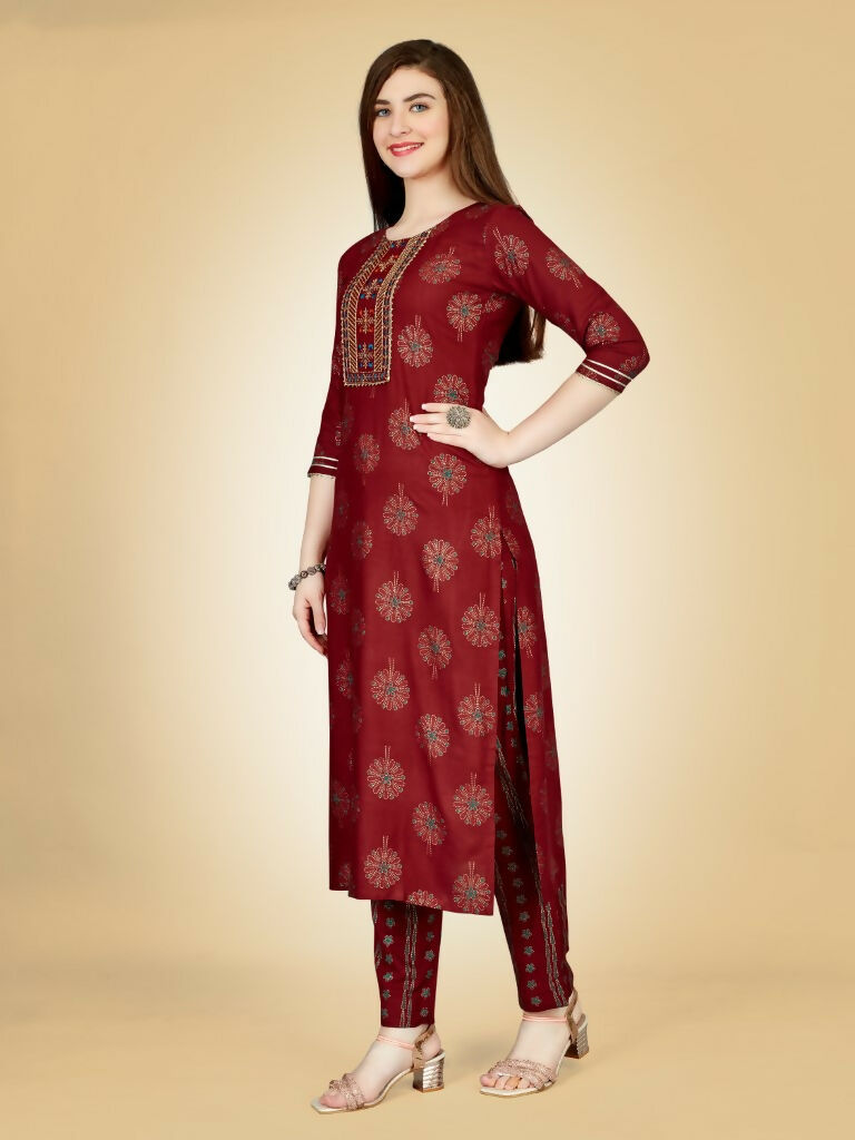 Jyoti Fashion Women's Maroon Viscose Rayon Embroidered Kurta Pant Set - Distacart