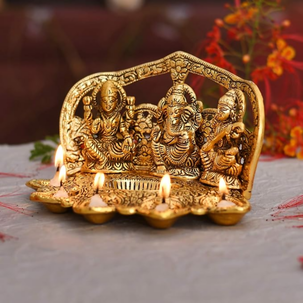 Collectible India Laxmi Ganesh Saraswati Idol Diya Oil Lamp Deepak - Dista