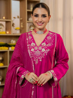 Thumbnail for The52 Women's Beautiful Viscose Silk Fabric Embroidery Work A-Line Kurta Pant and Dupatta Set - Distacart