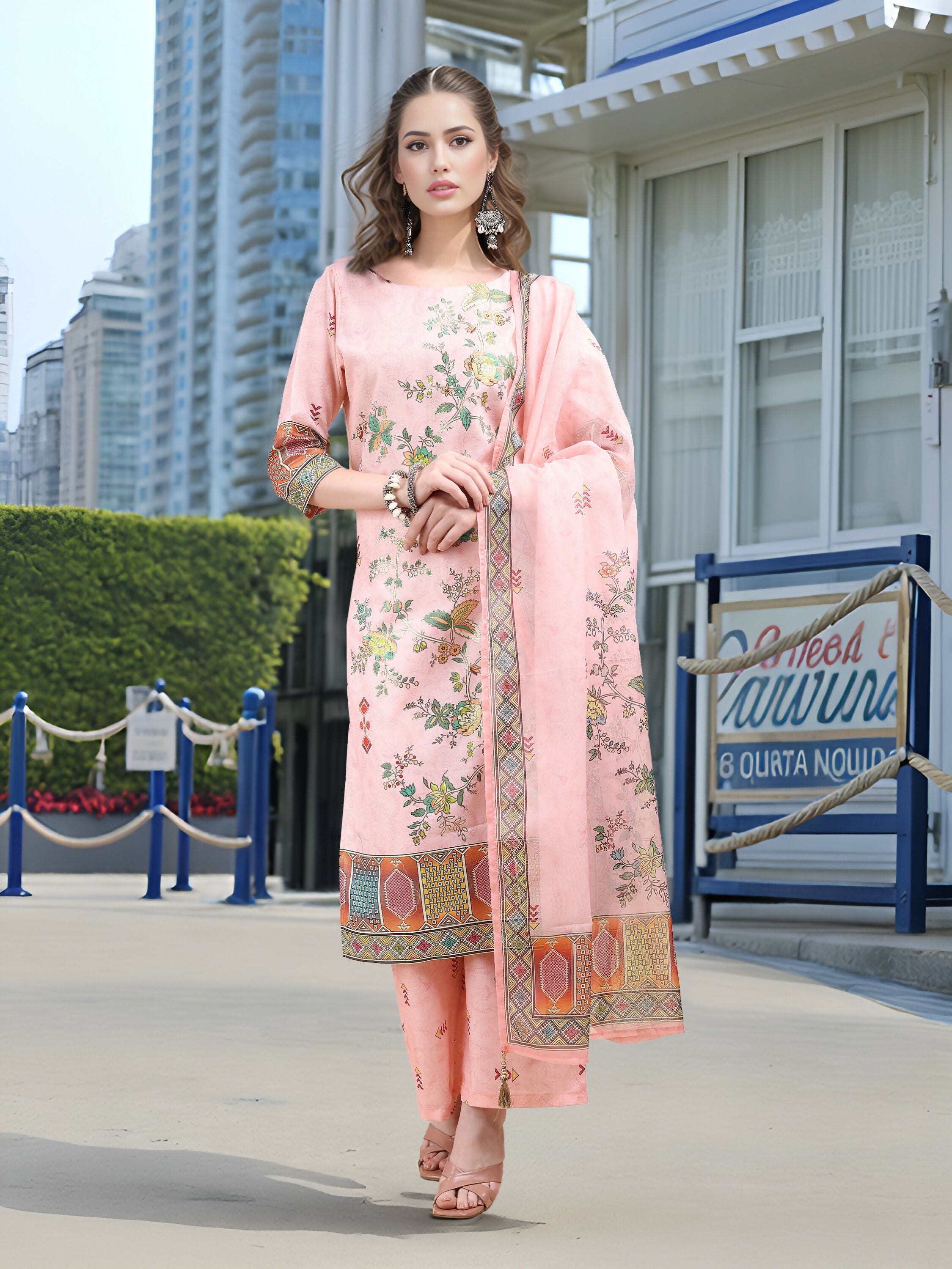 Joban Fashion Pink Position Digital Print With Position Foil Kurta Set
