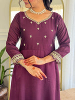 Thumbnail for The52 Wine Women's Gorgeous Vichitra Silk Fabric Embroidered Work Flared Anarkali Pant and Dupatta Set