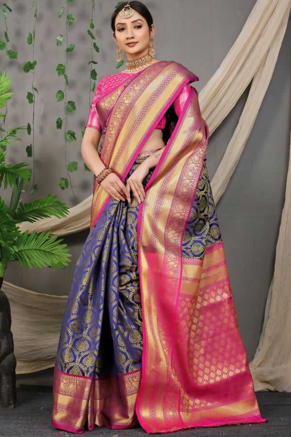 Jyoti Fashion Women's Navy Blue Kanjivaram Silk Zari Woven Saree with Blouse - Distacart