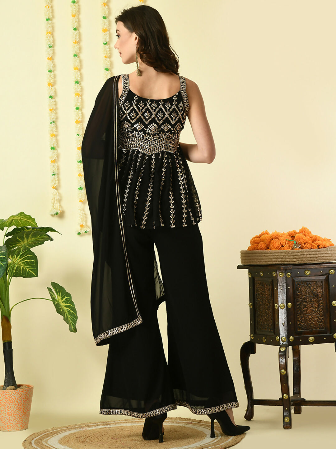 Myshka Women's Black Georgette Top & Palazzos With Dupatta Party Sets - Distacart