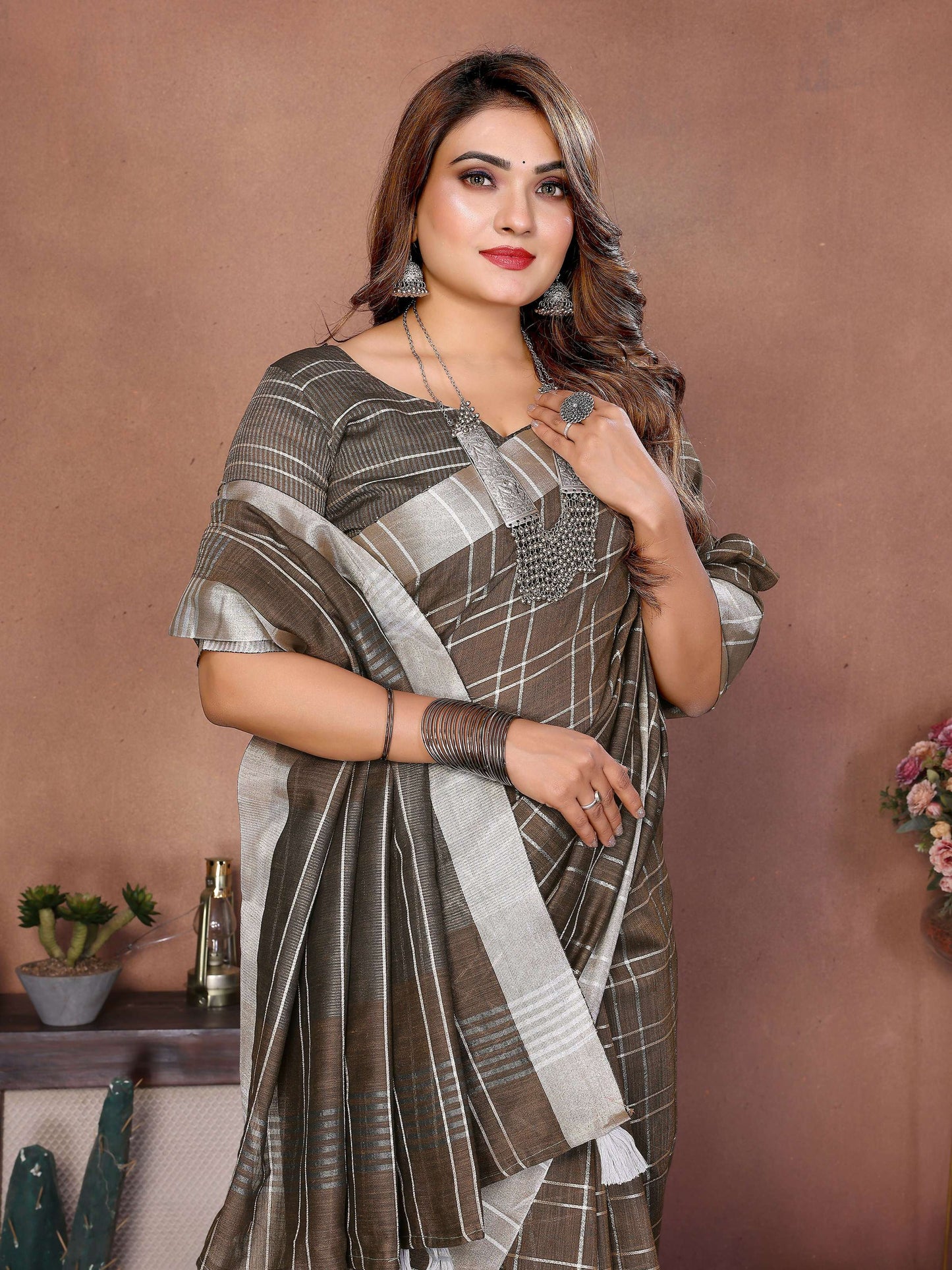 Aastha Fashion Light Brown Linen Weaving Saree - Distacart