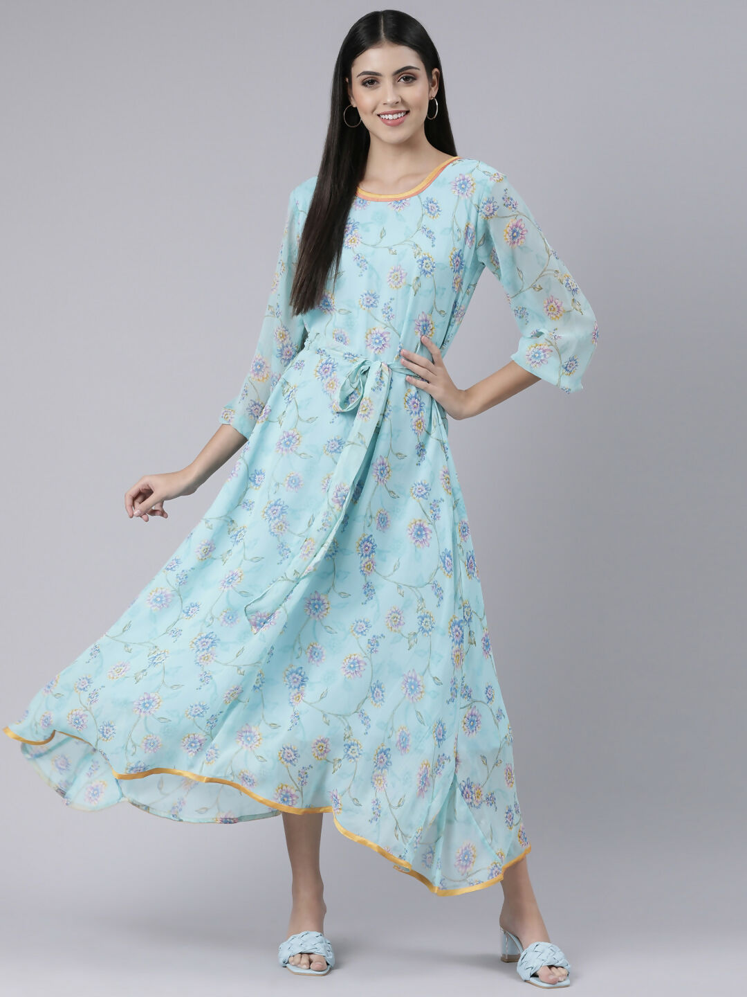 Souchii Blue Floral Chiffon Maxi Dress For Women – Souchii