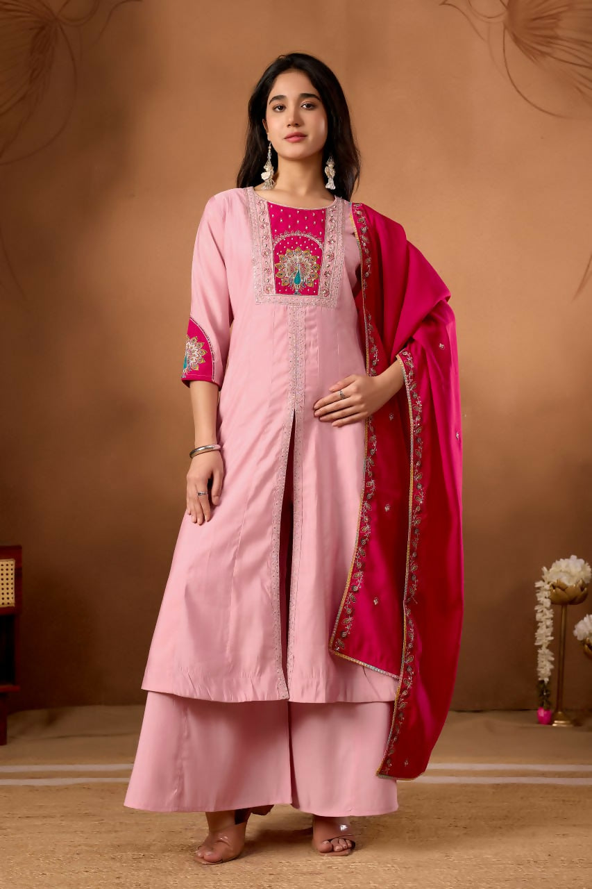 Lehenga Mart Designer Front-Slit Kurta, Paired With Wide-Leg Palazzo Pants And A Dupatta.-Rose Pink - Distacart