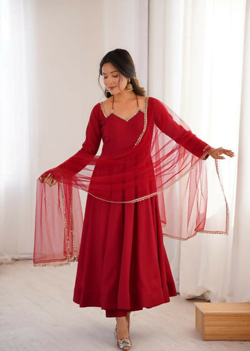 The52 Women's Gorgeous Embroidery Work Roman Silk Chanderi Fabric Flared Anarkali Pant and Dupatta Set-Maroon - Dista