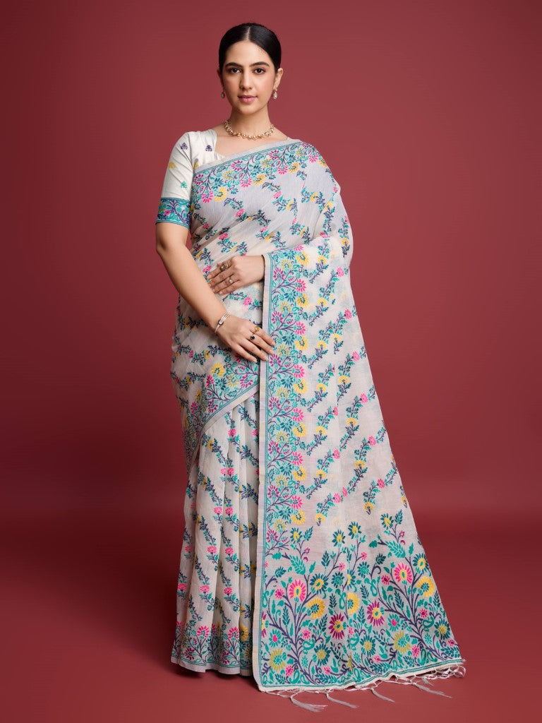 Vedant Vastram Dhakai Jamdani Cotton Saree - Green - Distacart