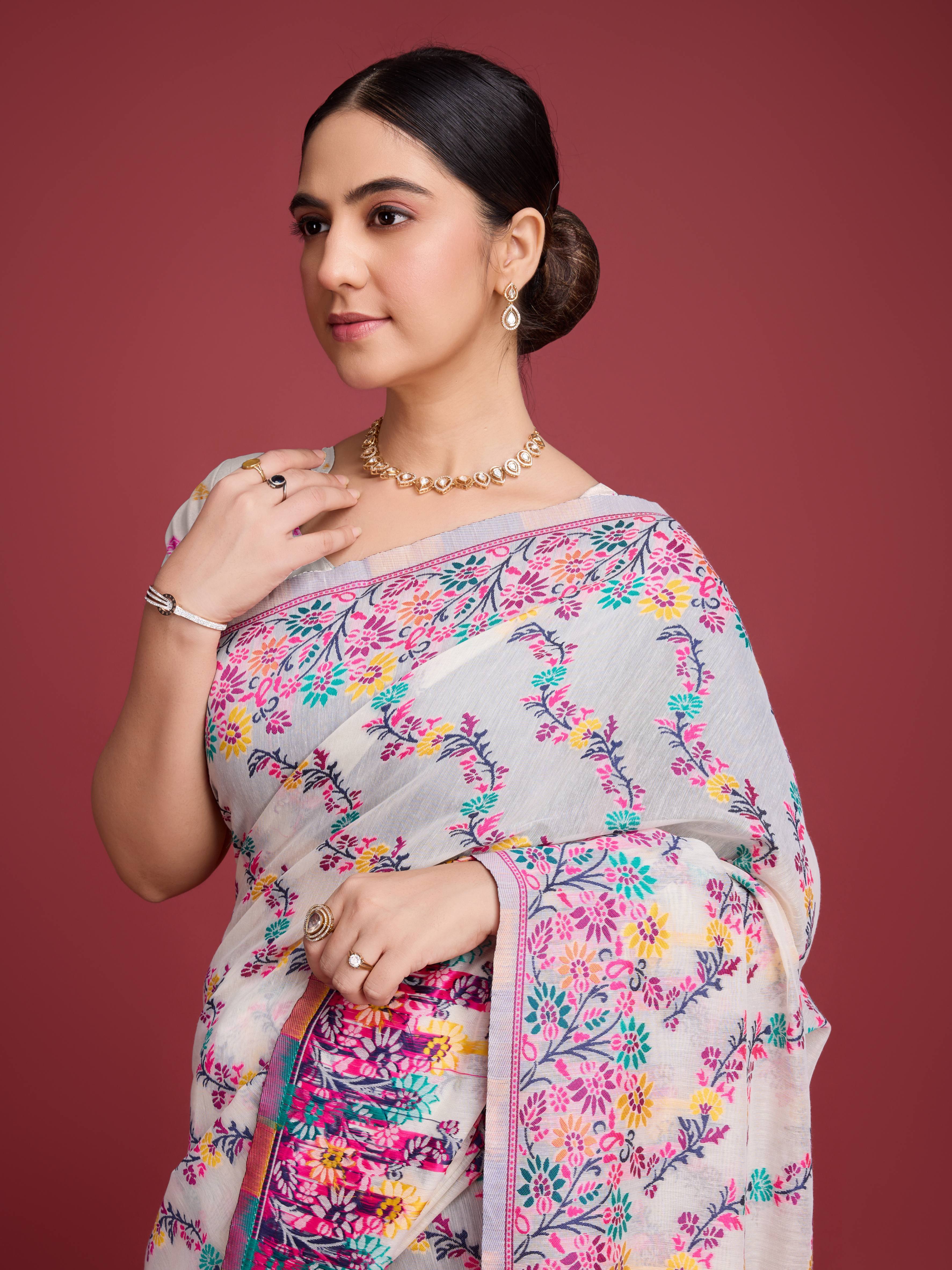 Vedant Vastram Dhakai Jamdani Cotton Saree - Pink - Distacart