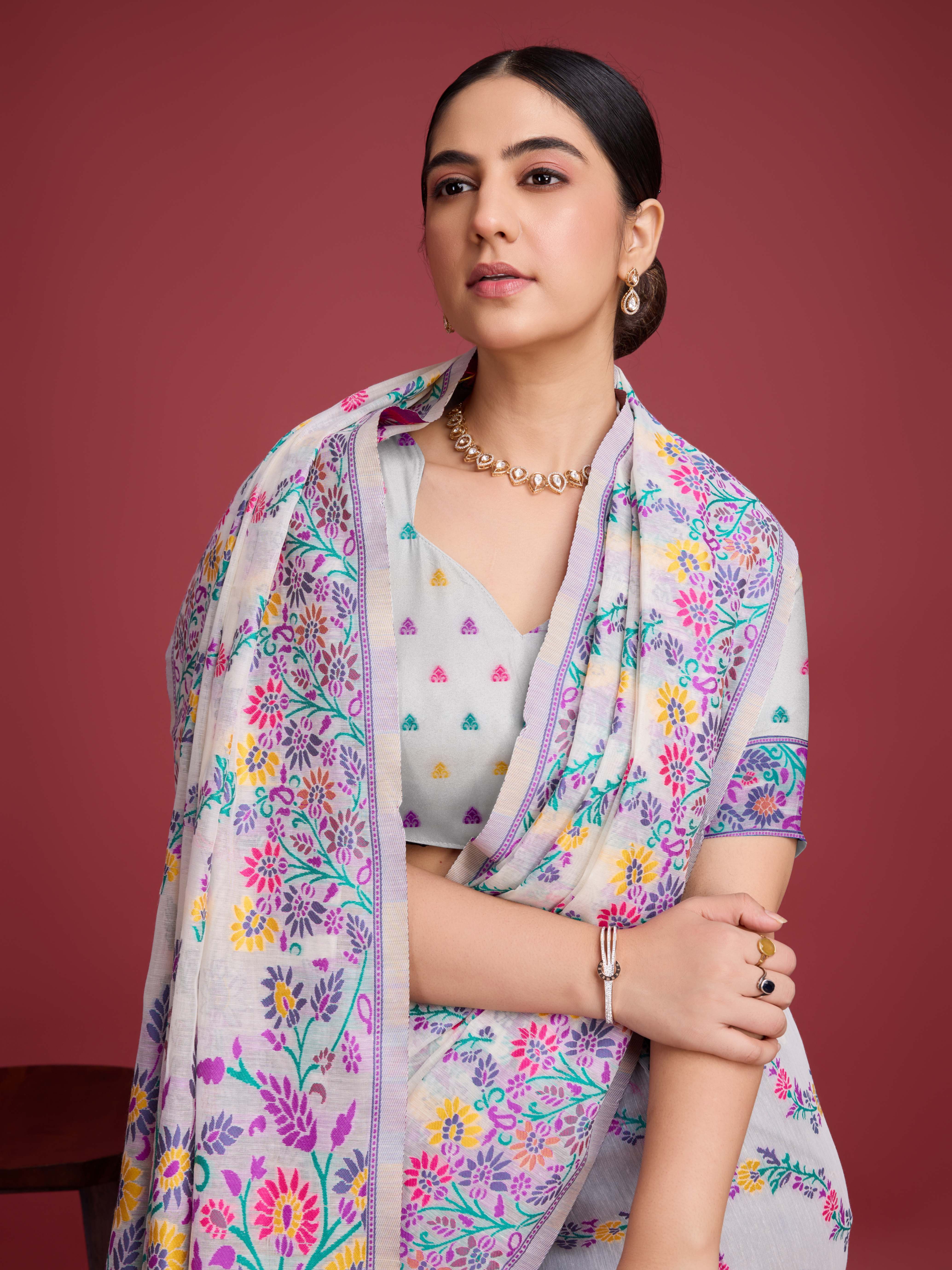 Vedant Vastram Dhakai Jamdani Cotton Saree - Purple - Distacart