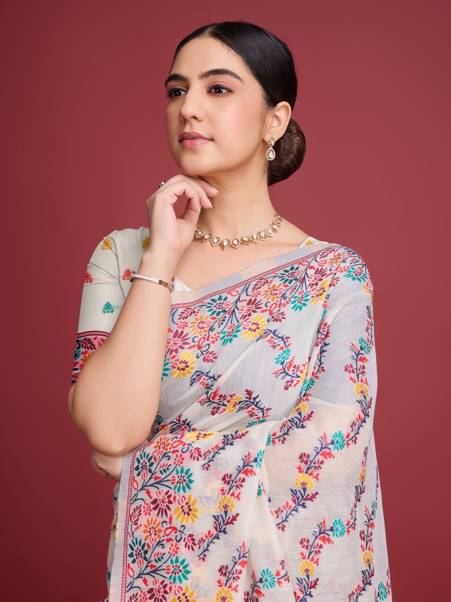 Vedant Vastram Dhakai Jamdani Cotton Saree - Red - Distacart