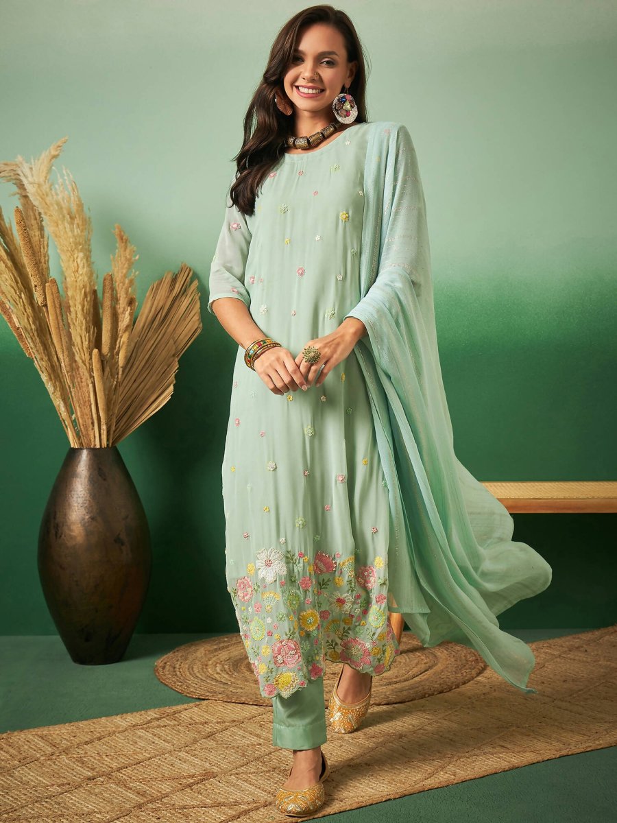 Aqua Blue Georgette Handwork Unstitched Dress Material - Hanika - Distacart
