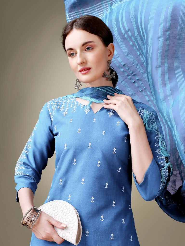 Jyoti Fashion Women's Sky Blue Cotton Blend Embroidery & Sequence work Kurta with Trouser & Dupatta - Distacart