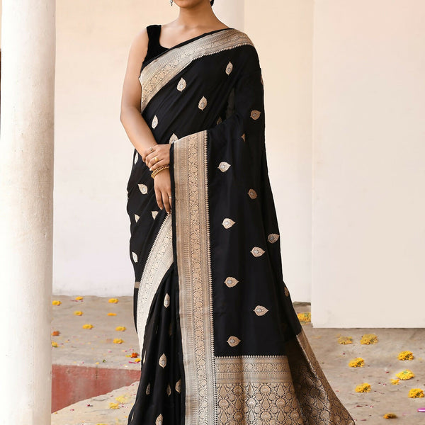 Joban Fashion Black Pure Katan Pure Handloom Banarasi Silk Saree
