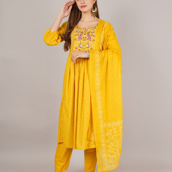 Jaitra Apparels Mustard Yellow Embroidered Pure Cotton Fabric Kurta Set With Dupatta - Distacart